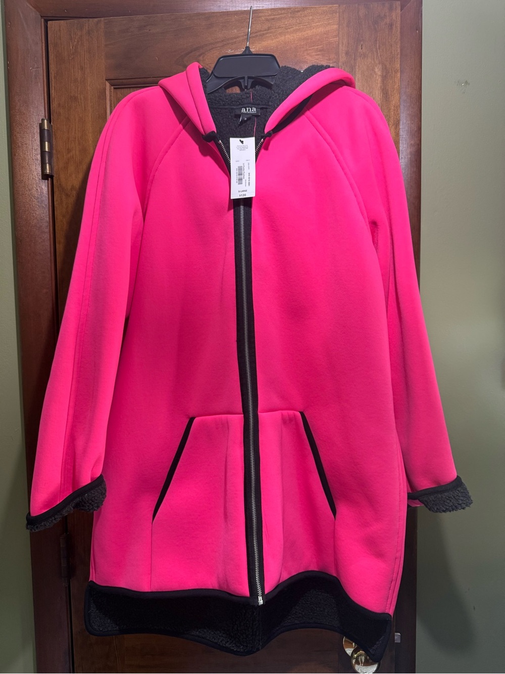 a.n.a Hot Pink Hooded Puffer Coat with Black Trim